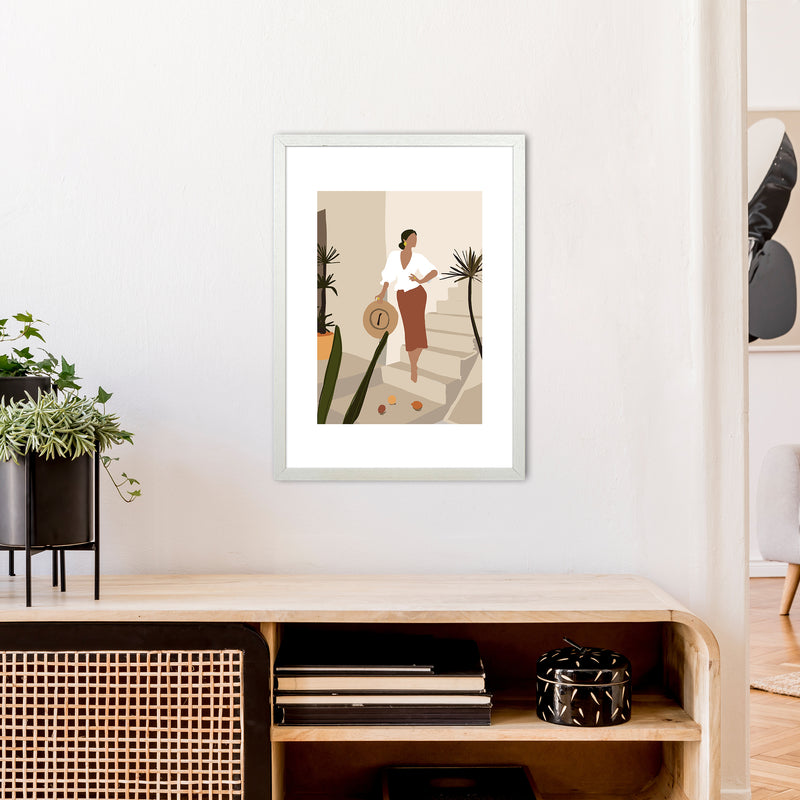 Mica Girl On Stairs N8  Art Print by Pixy Paper A2 Oak Frame