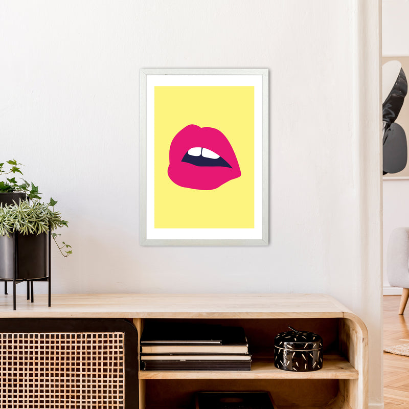 Pink Lips Yellow Back  Art Print by Pixy Paper A2 Oak Frame