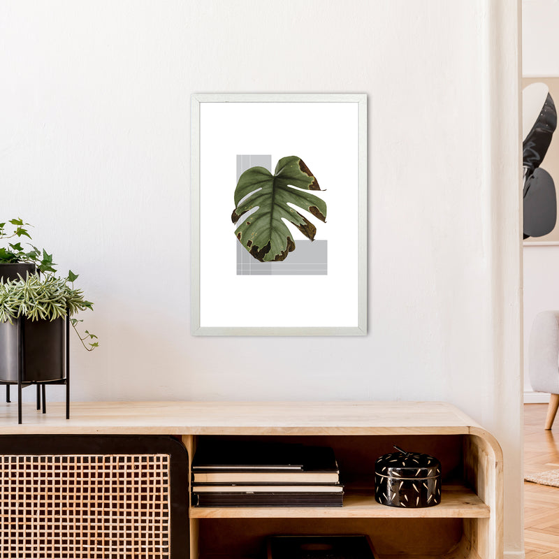 Green Leaf Grey  Art Print by Pixy Paper A2 Oak Frame