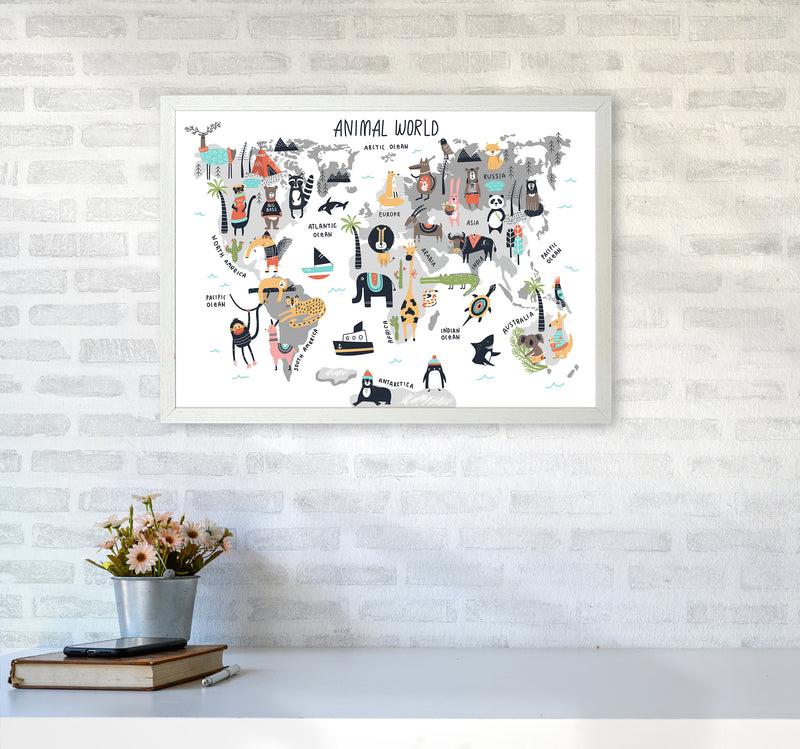 Animal World Map  Art Print by Pixy Paper A2 Oak Frame