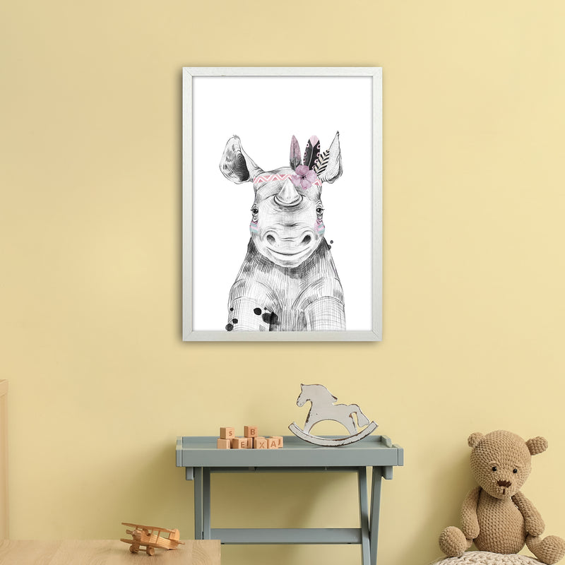 Safari Babies Rhino With Head Feathers  Art Print by Pixy Paper A2 Oak Frame