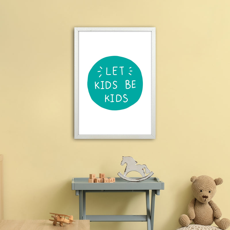 Let Kids Be Kids Teal Super Scandi  Art Print by Pixy Paper A2 Oak Frame