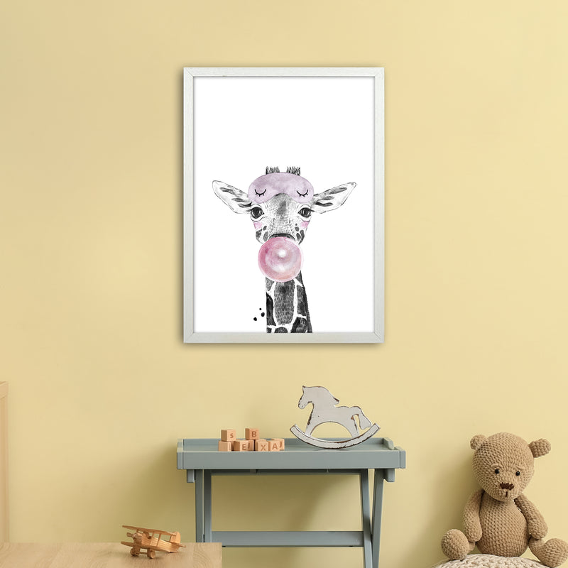Safari Babies Giraffe With Bubble  Art Print by Pixy Paper A2 Oak Frame