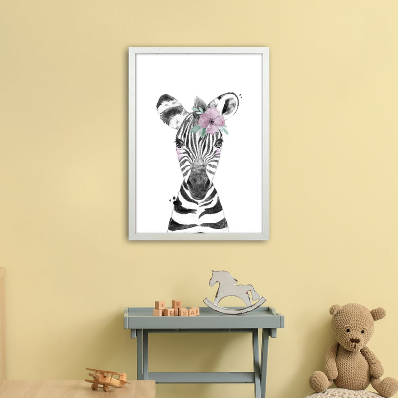 Safari Babies Zebra With Flower  Art Print by Pixy Paper A2 Oak Frame