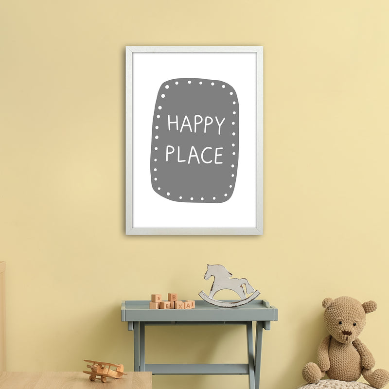 Happy Place Super Scandi Grey  Art Print by Pixy Paper A2 Oak Frame