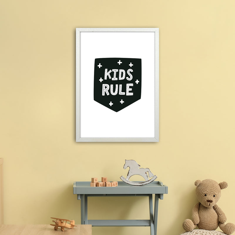 Kids Rule Black Super Scandi  Art Print by Pixy Paper A2 Oak Frame