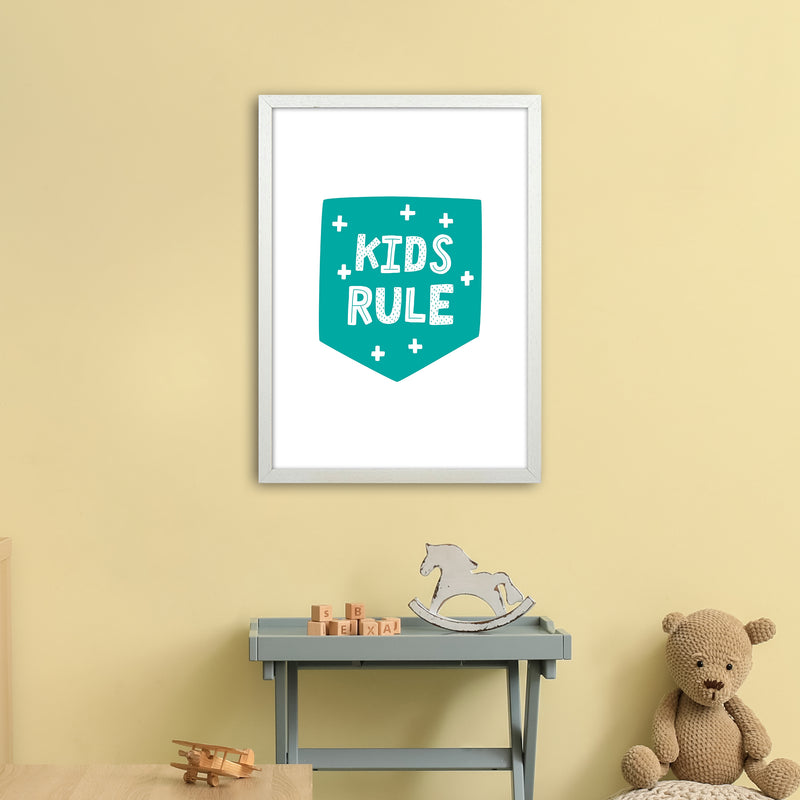 Kids Rule Teal Super Scandi  Art Print by Pixy Paper A2 Oak Frame