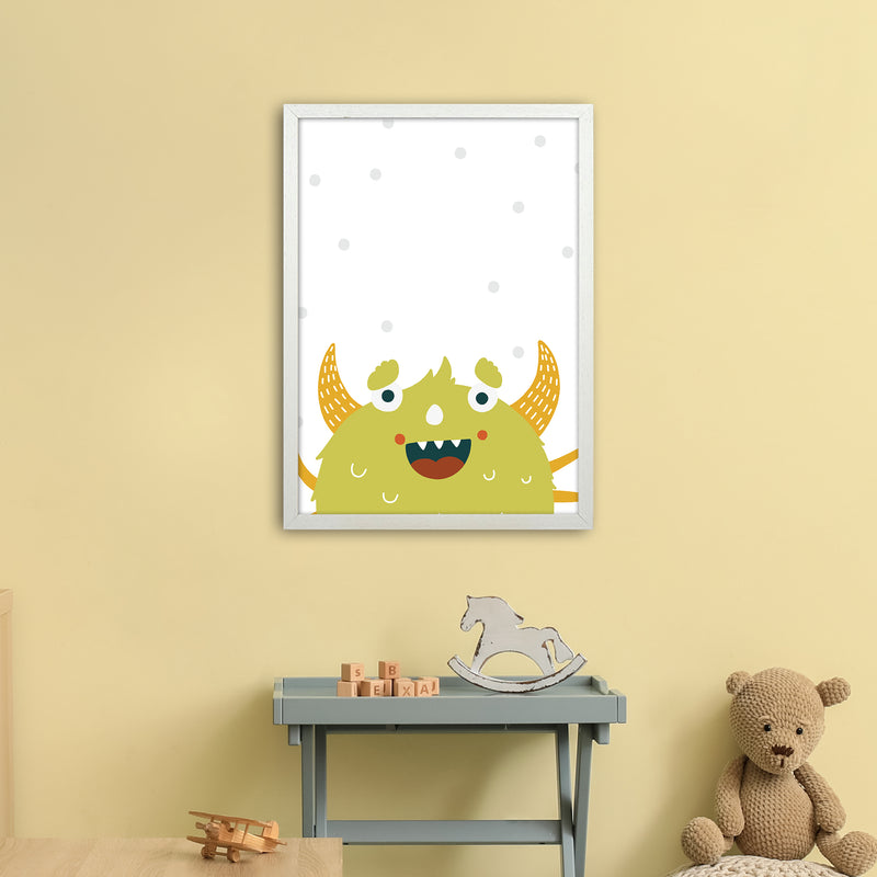 Little Monsters Green Happy  Art Print by Pixy Paper A2 Oak Frame