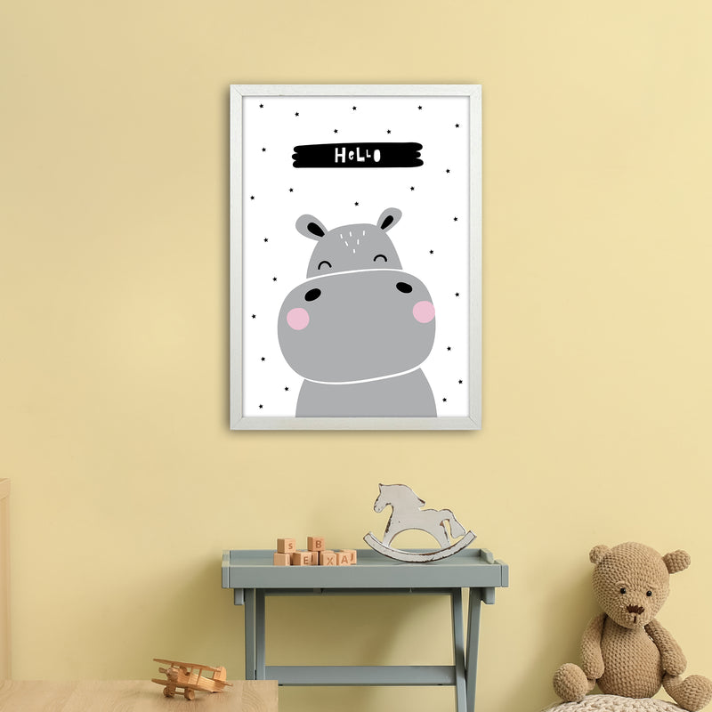 Hello Hippo  Art Print by Pixy Paper A2 Oak Frame