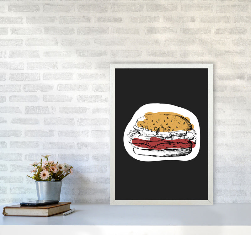 Kitchen Pop Burger Off Black Art Print by Pixy Paper A2 Oak Frame
