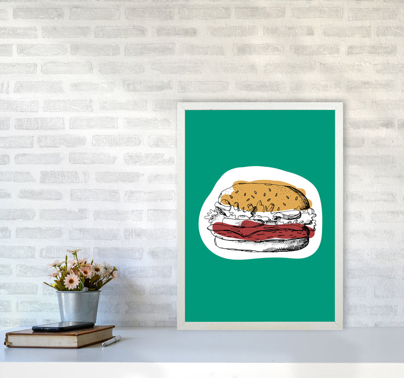 Kitchen Pop Burger Teal Art Print by Pixy Paper A2 Oak Frame
