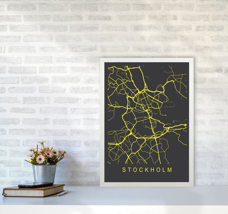 Stockholm Map Neon Art Print by Pixy Paper A2 Oak Frame