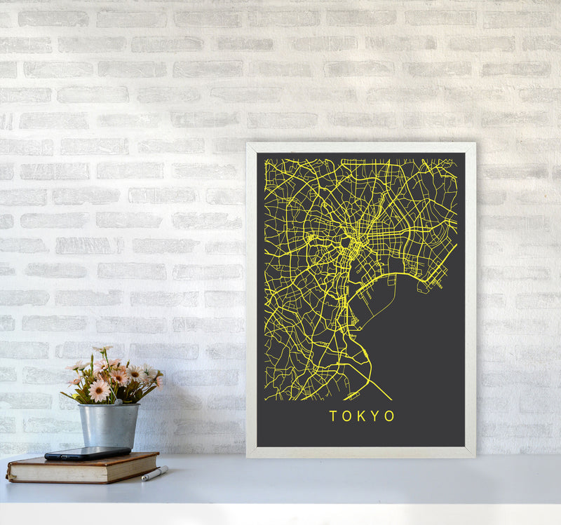 Tokyo Map Neon Art Print by Pixy Paper A2 Oak Frame