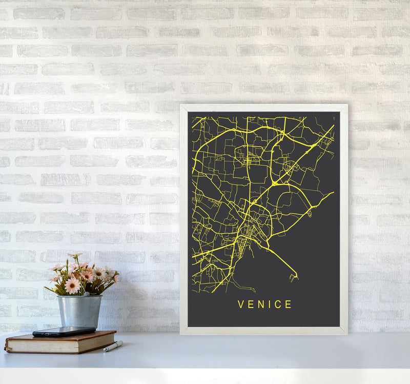 Venice Map Neon Art Print by Pixy Paper A2 Oak Frame