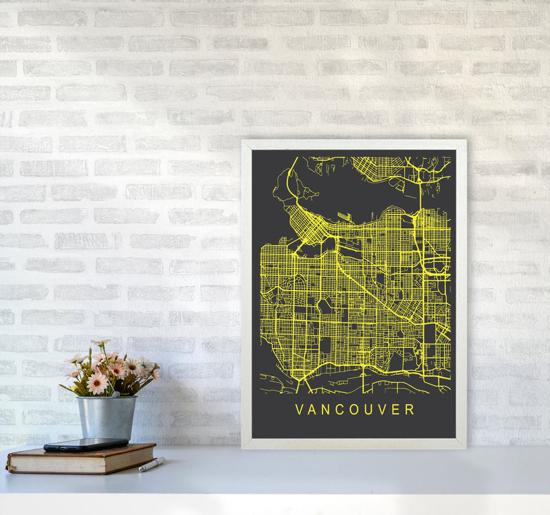 Vancouver Map Neon Art Print by Pixy Paper A2 Oak Frame