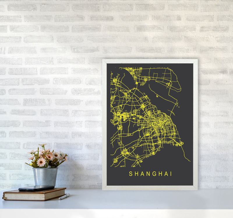 Shanghai Map Neon Art Print by Pixy Paper A2 Oak Frame