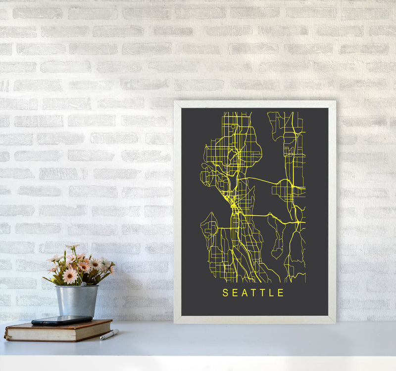 Seattle Map Neon Art Print by Pixy Paper A2 Oak Frame