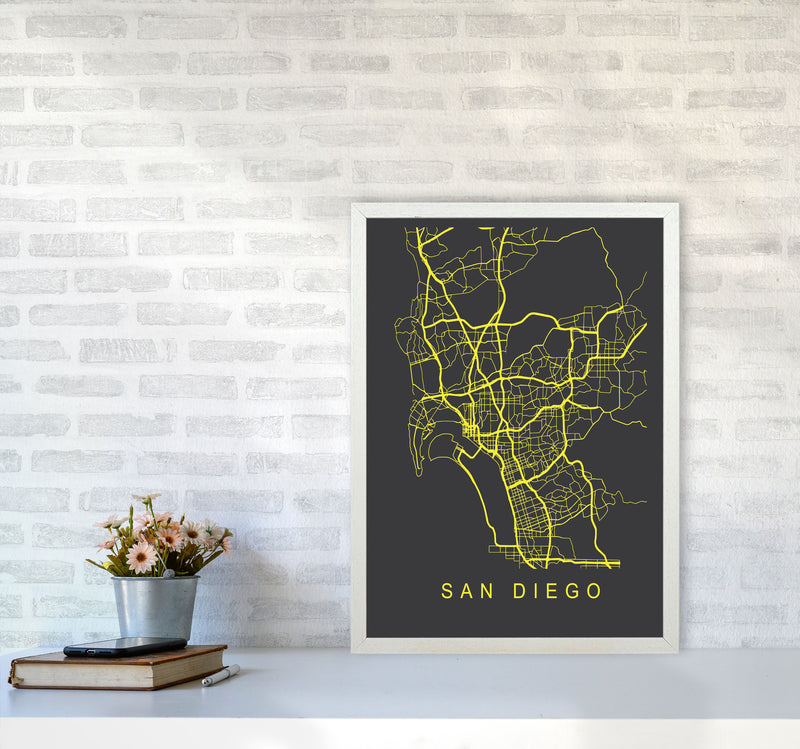 San Diego Map Neon Art Print by Pixy Paper A2 Oak Frame