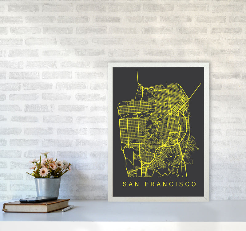 San Francisco Map Neon Art Print by Pixy Paper A2 Oak Frame