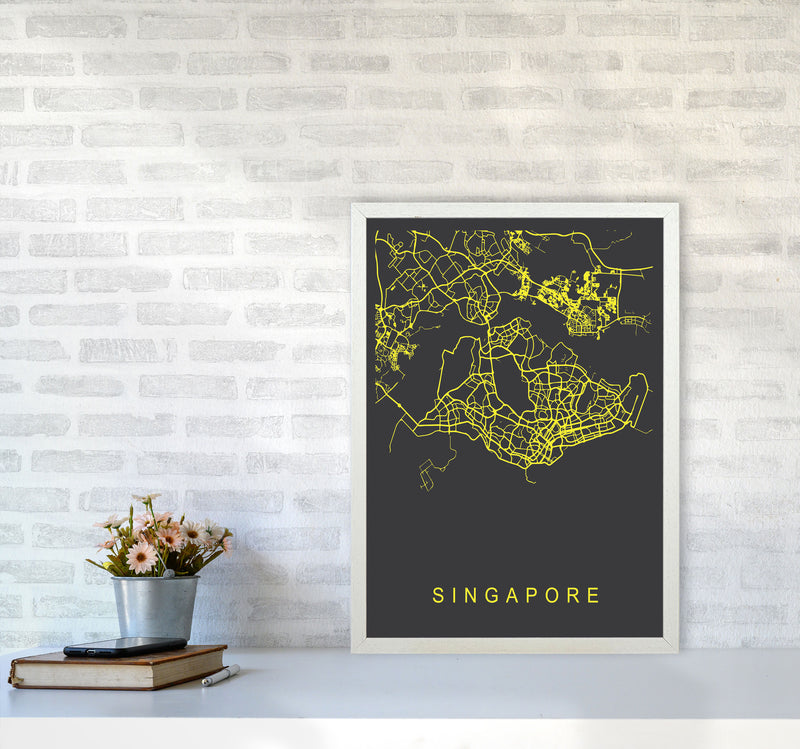 Singapore Map Neon Art Print by Pixy Paper A2 Oak Frame