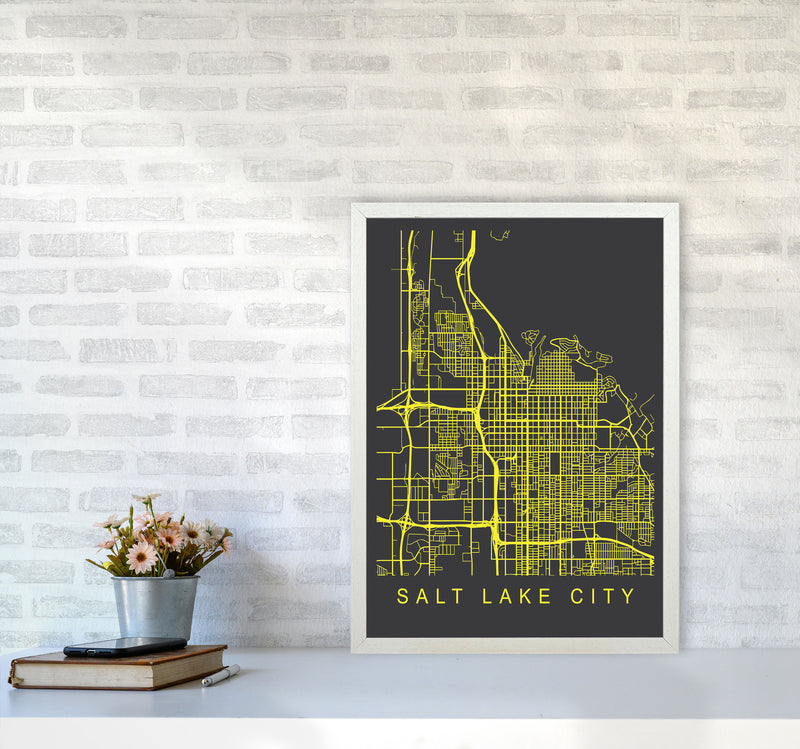 Salt Lake City Map Neon Art Print by Pixy Paper A2 Oak Frame