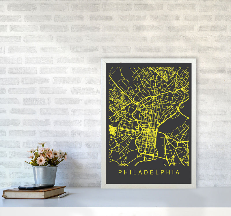 Philadelphia Map Neon Art Print by Pixy Paper A2 Oak Frame