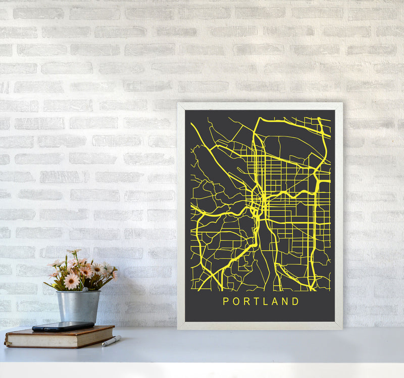 Portland Map Neon Art Print by Pixy Paper A2 Oak Frame