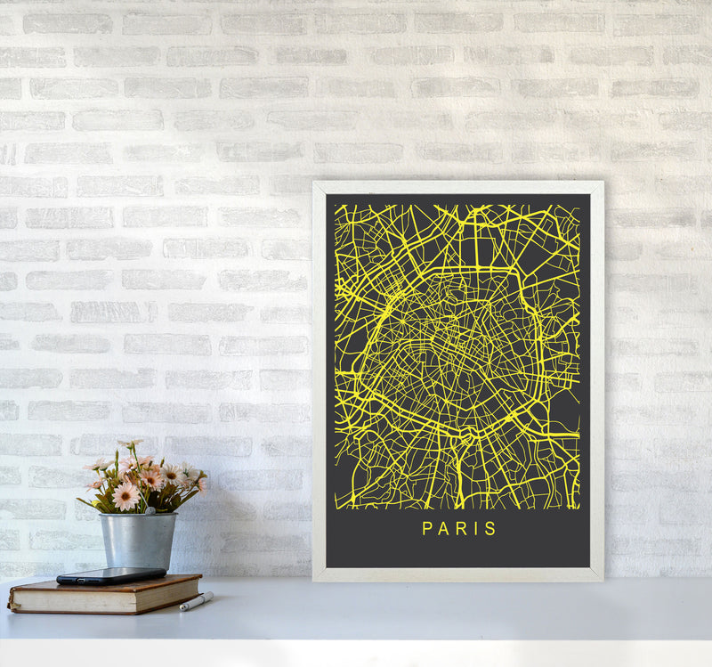 Paris Map Neon Art Print by Pixy Paper A2 Oak Frame