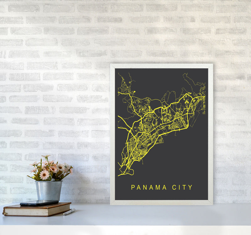 Panama City Map Neon Art Print by Pixy Paper A2 Oak Frame