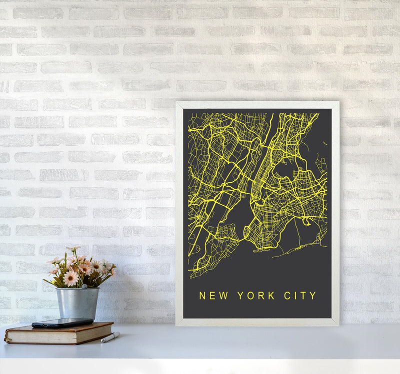 New York City Map Neon Art Print by Pixy Paper A2 Oak Frame