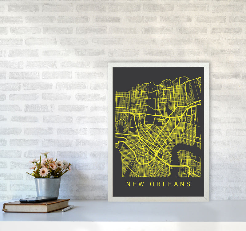 New Orleans Map Neon Art Print by Pixy Paper A2 Oak Frame