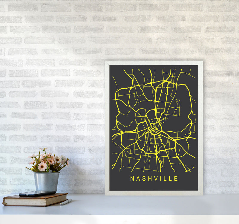 Nashville Map Neon Art Print by Pixy Paper A2 Oak Frame