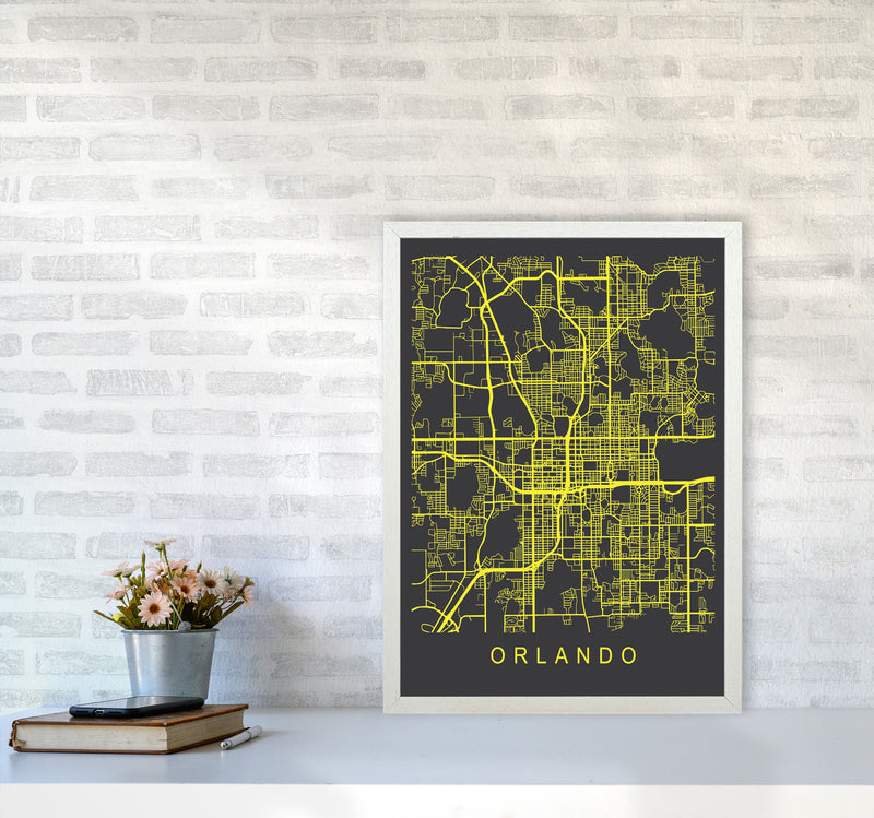 Orlando Map Neon Art Print by Pixy Paper A2 Oak Frame