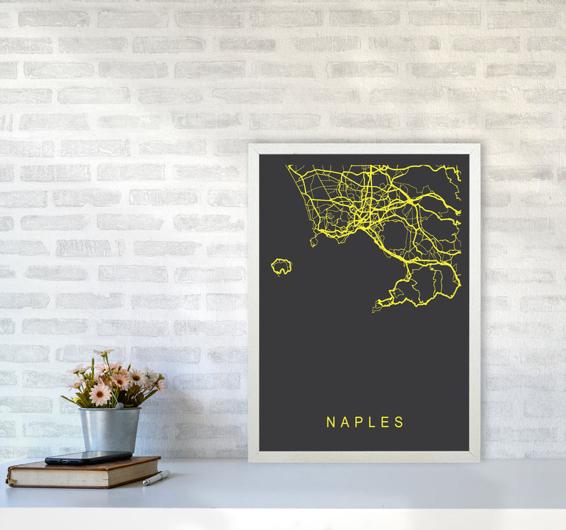 Naples Map Neon Art Print by Pixy Paper A2 Oak Frame