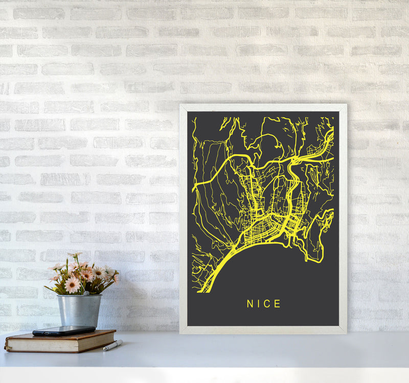 Nice Map Neon Art Print by Pixy Paper A2 Oak Frame