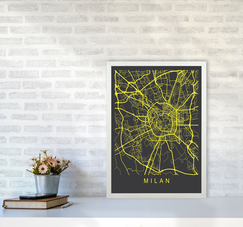 Milan Map Neon Art Print by Pixy Paper A2 Oak Frame