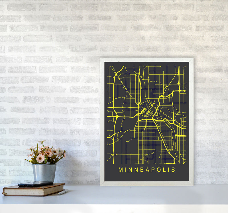 Minneapolis Map Neon Art Print by Pixy Paper A2 Oak Frame