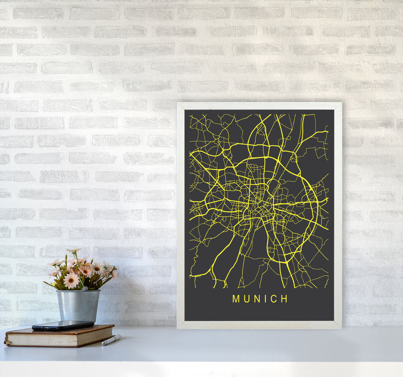 Munich Map Neon Art Print by Pixy Paper A2 Oak Frame