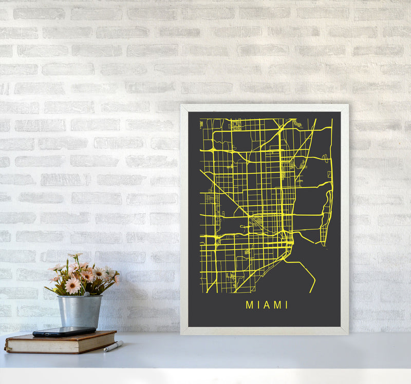 Miami Map Neon Art Print by Pixy Paper A2 Oak Frame