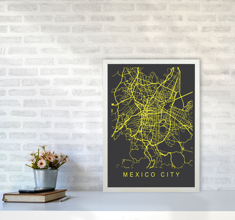 Mexico City Map Neon Art Print by Pixy Paper A2 Oak Frame
