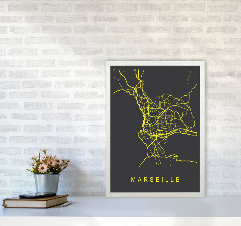 Marseille Map Neon Art Print by Pixy Paper A2 Oak Frame