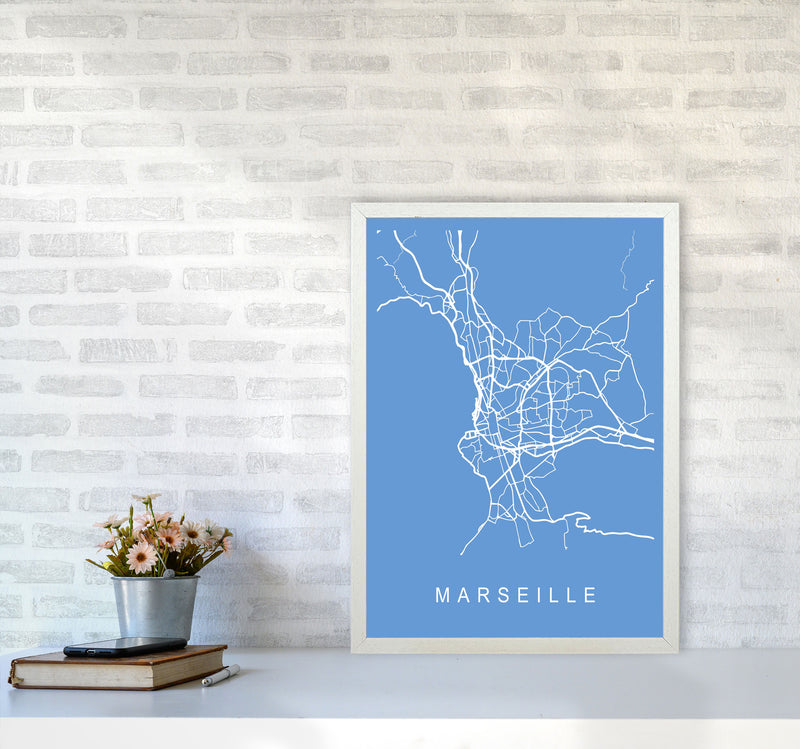 Marseille Map Blueprint Art Print by Pixy Paper A2 Oak Frame