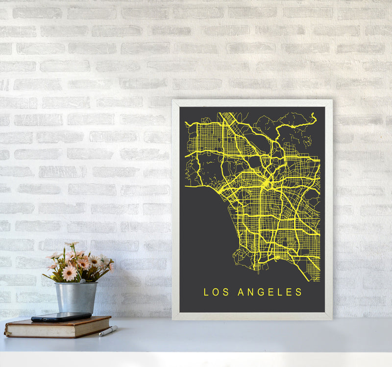 Los Angeles Map Neon Art Print by Pixy Paper A2 Oak Frame
