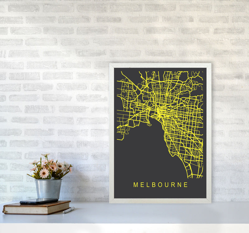Melbourne Map Neon Art Print by Pixy Paper A2 Oak Frame