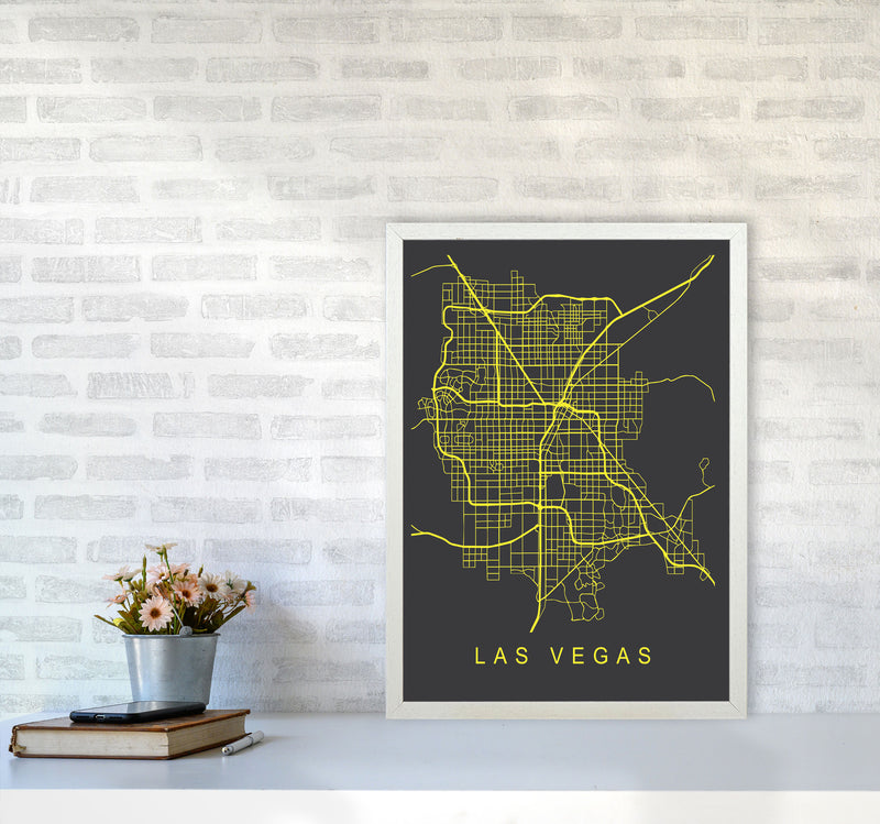 Las Vegas Map Neon Art Print by Pixy Paper A2 Oak Frame