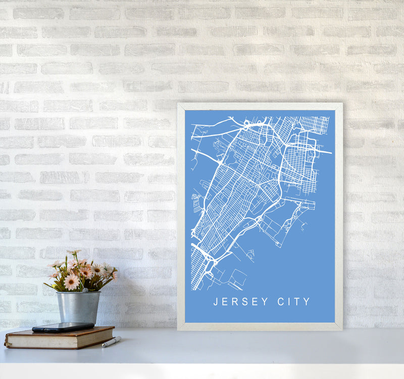 Jersey City Map Blueprint Art Print by Pixy Paper A2 Oak Frame