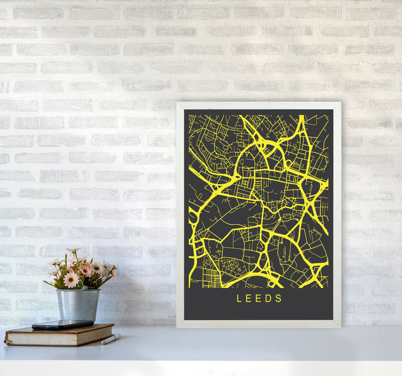 Leeds Map Neon Art Print by Pixy Paper A2 Oak Frame