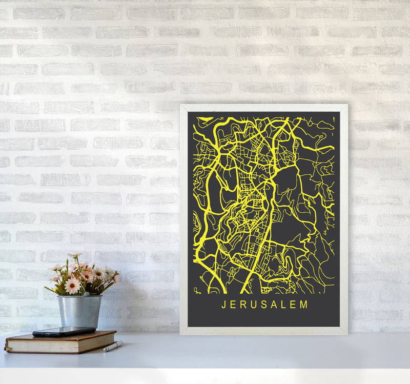 Jerusalem Map Neon Art Print by Pixy Paper A2 Oak Frame