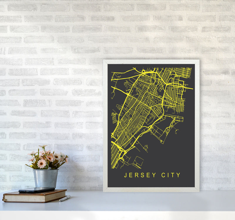 Jersey Map Neon Art Print by Pixy Paper A2 Oak Frame