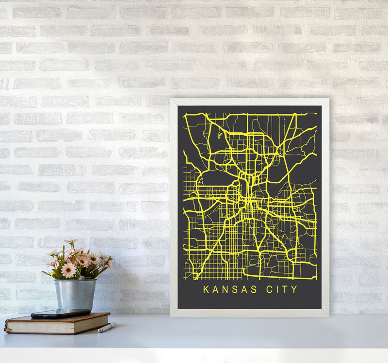 Kansas City Map Neon Art Print by Pixy Paper A2 Oak Frame